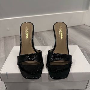 Black Alligator Print Assymetrical Mule Heels